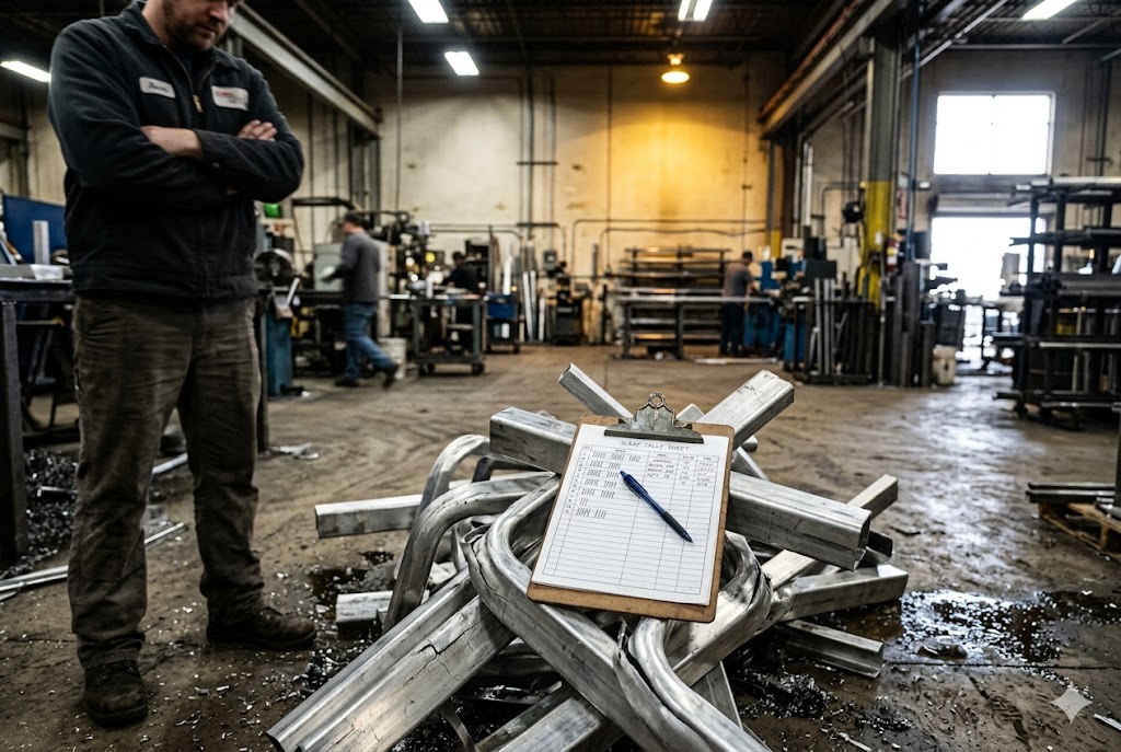Metal Parts Quality Review Factory supervisor reviewing production checklist with bent aluminum parts in workshop (ID#4)
