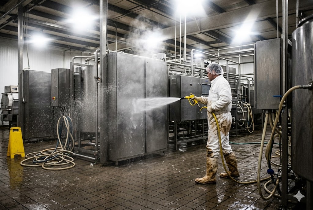Industrial Equipment Maintenance Worker pressure washing stainless steel industrial equipment in manufacturing facility (ID#4)