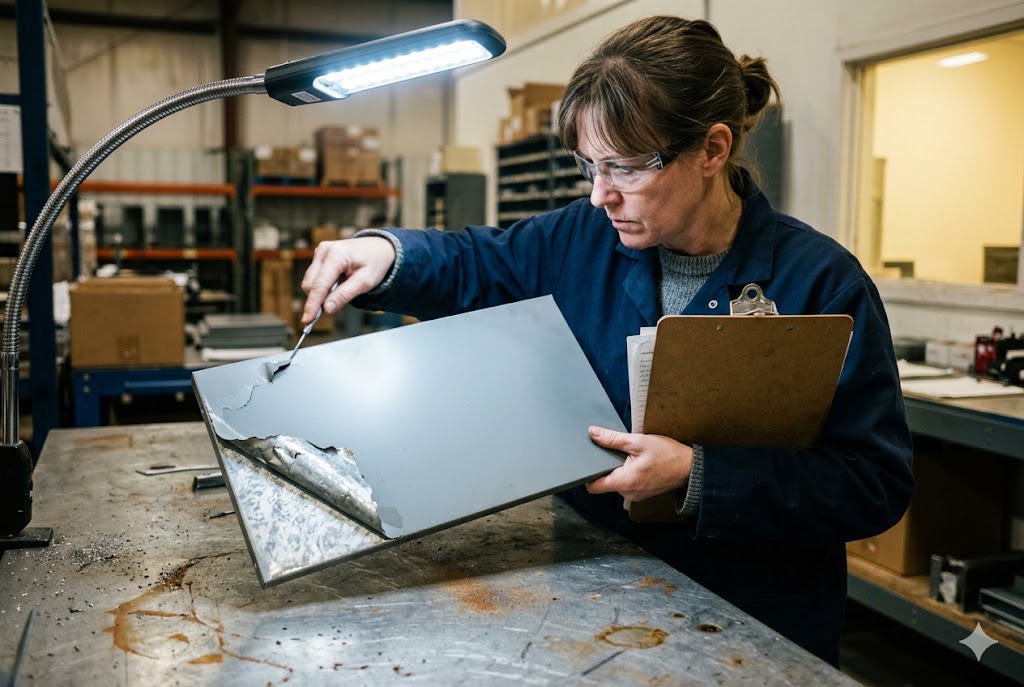 Metal Part Quality Inspection Quality inspector examining custom metal sheet part under bright workbench lamp (ID#4)