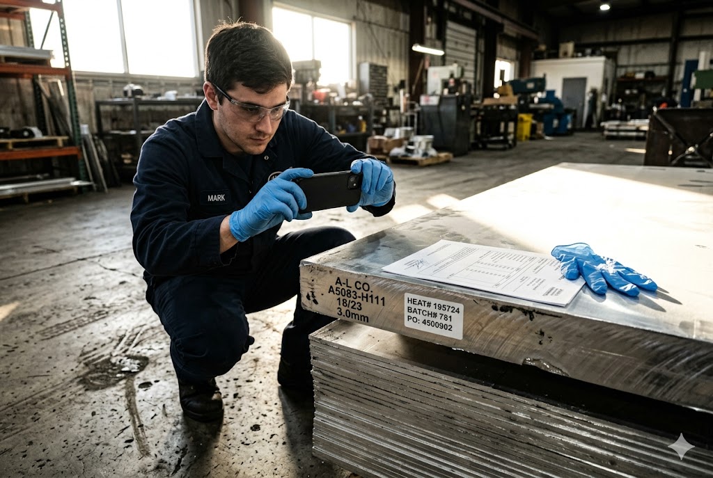 Batch Traceability Quality Control QC technician photographing aluminum batch labels for traceability documentation (ID#4)