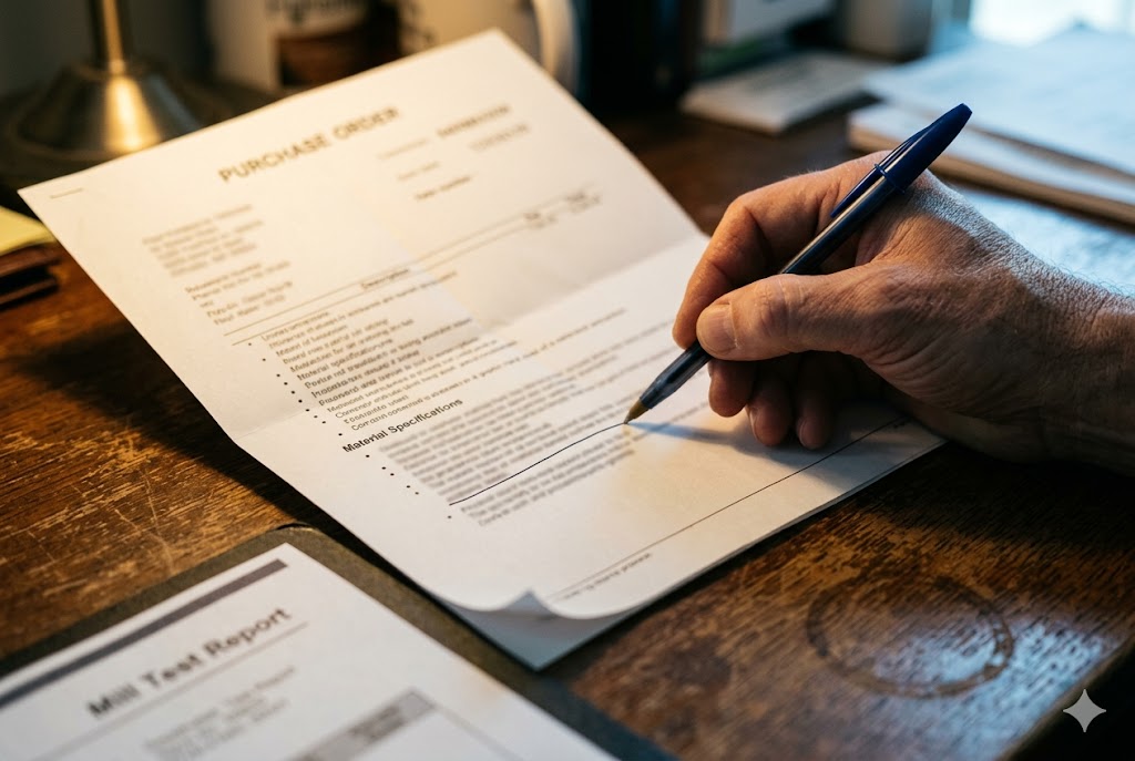Custom Parts Purchase Order Purchasing manager signing purchase order for custom mechanical parts with mill test report (ID#4)