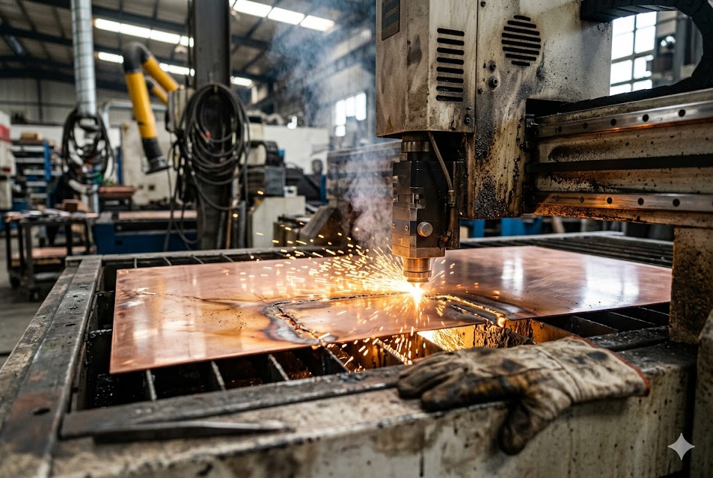Precision CNC Cutting CNC plasma machine cutting copper sheet with sparks in precision parts factory (ID#4)