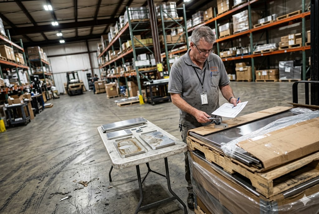 Pre-Shipment Parts Inspection Pre-shipment quality inspector checking custom metal parts against specifications in warehouse (ID#4)