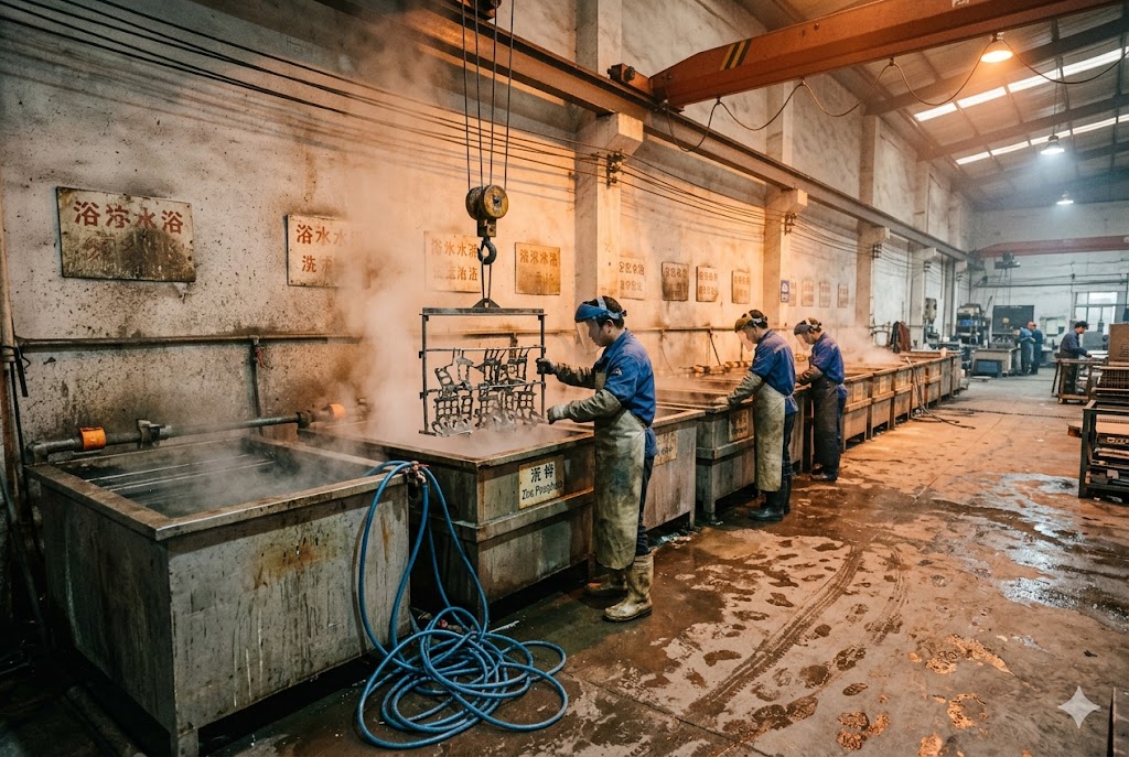 Zinc Phosphate Surface Treatment Factory workers processing custom metal parts in zinc phosphate surface treatment line (ID#4)
