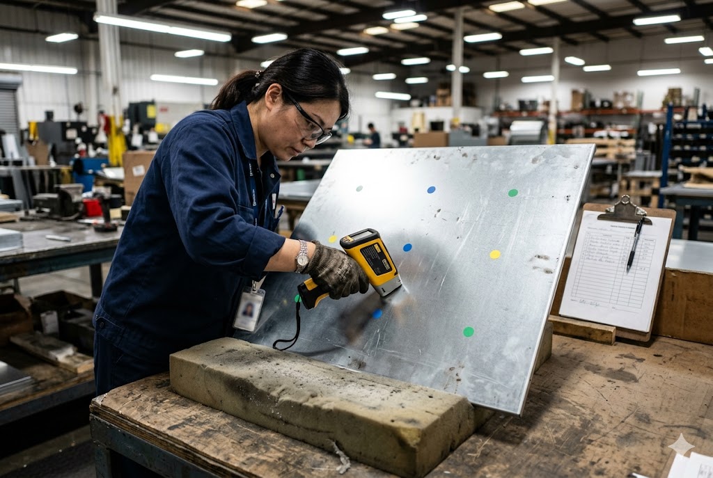 Steel Quality Control Inspector scanning galvanized steel sheet with handheld XRF device (ID#4)