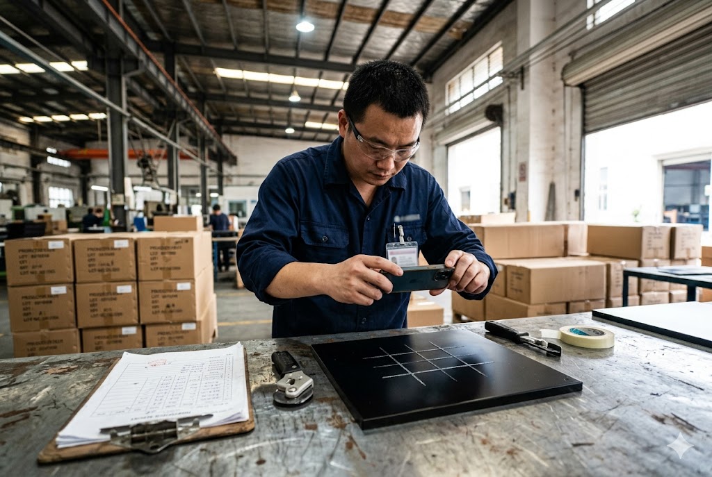 Factory Quality Inspection QC technician photographing custom metal panel during factory inspection (ID#4)