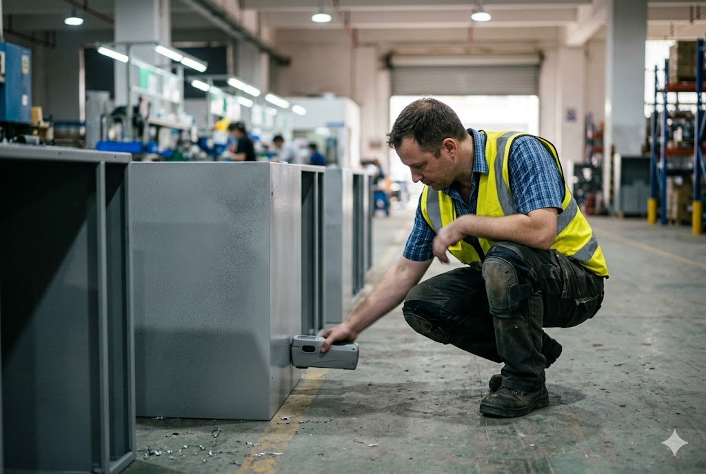 On-site parts inspection Safety inspector measuring surface coating thickness on custom fabricated metal enclosures (ID#4)