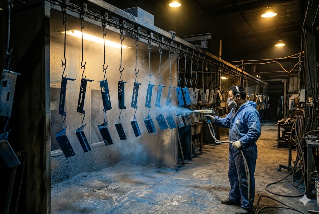 Powder Coating Metal Parts Factory worker powder coating custom mechanical metal parts on production line (ID#4)