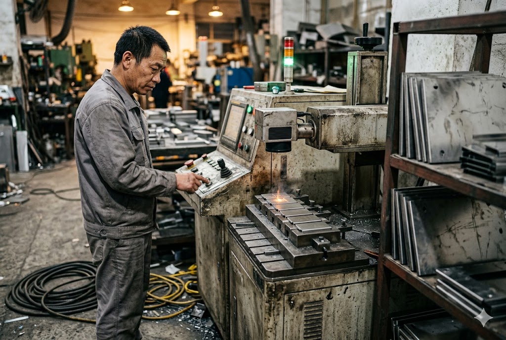 CNC Precision Machining Chinese machinist operating EDM machine for precision custom metal parts (ID#4)