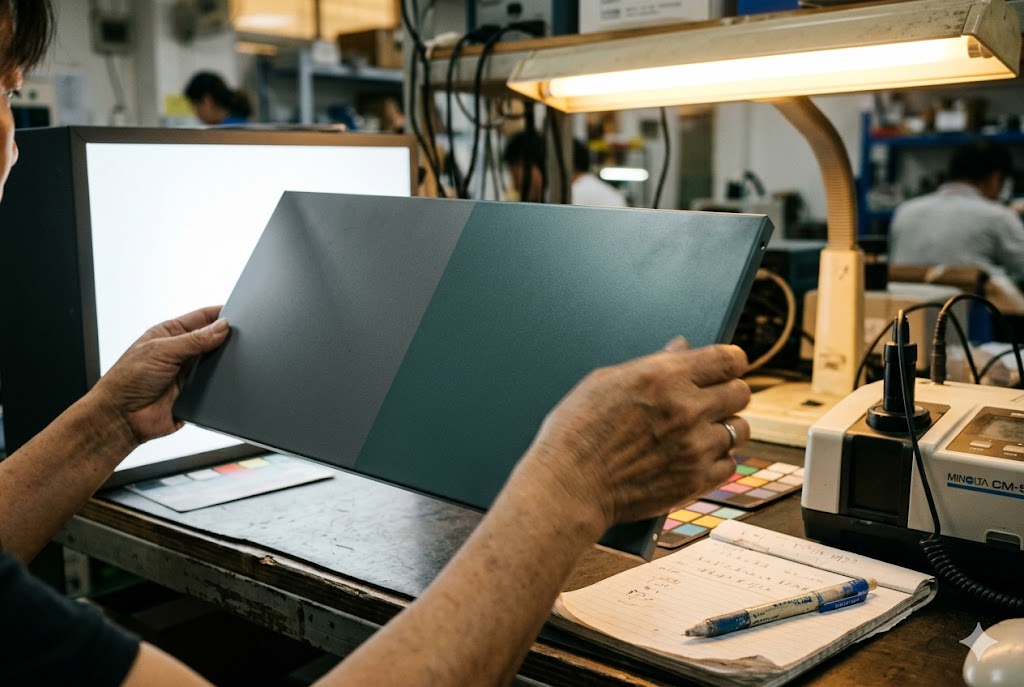 Surface Finish Inspection Technician comparing dark blue metal panels under light in manufacturing facility (ID#4)
