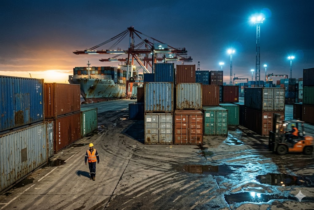 Global Parts Export Shipping International shipping port at night with containers for B2B mechanical parts export (ID#4)
