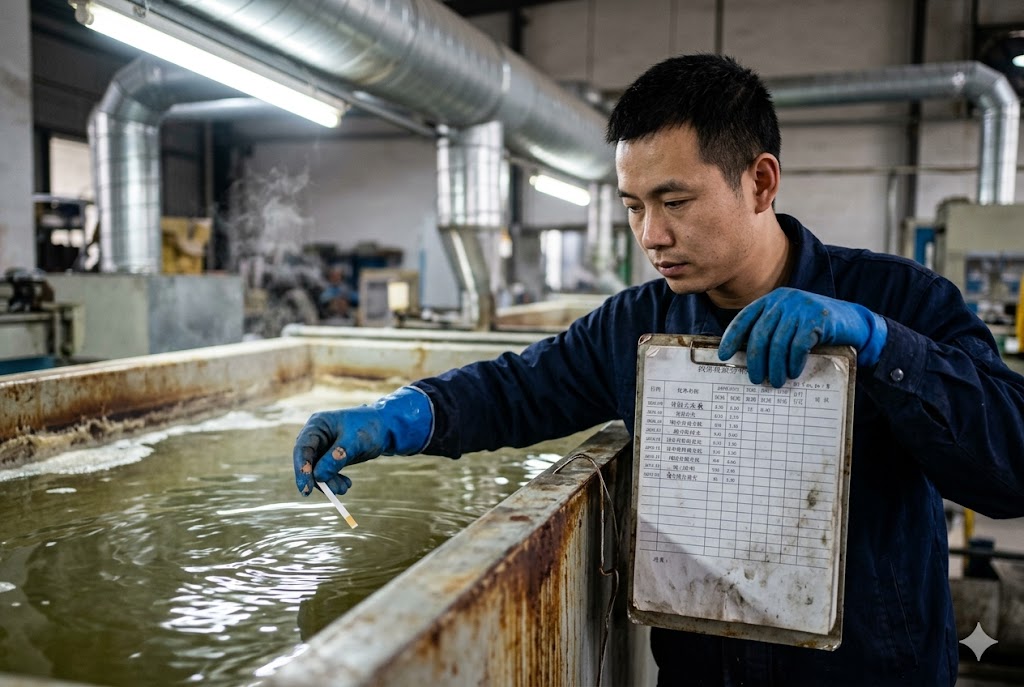 Surface Treatment Quality Control Factory technician monitoring surface treatment process with checklist in plant (ID#4)