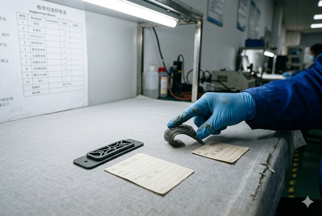 Parts Inspection Checklist QC inspector handling custom mechanical parts against inspection sheet checklist (ID#4)