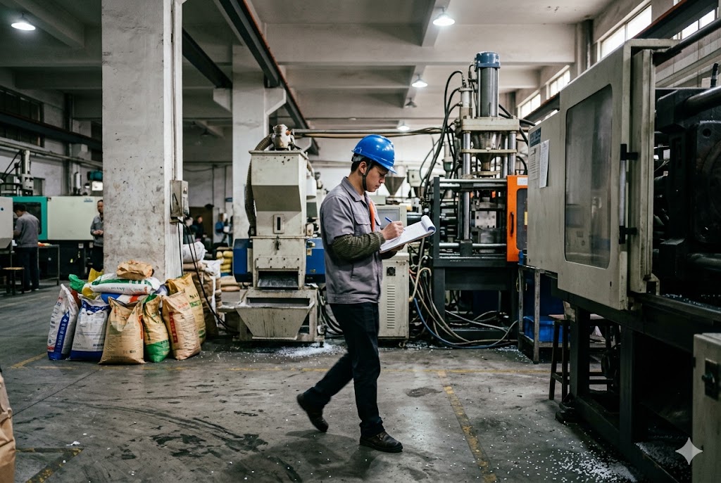 Factory Floor Inspection Factory engineer in hard hat conducting in-production quality control check on floor (ID#4)
