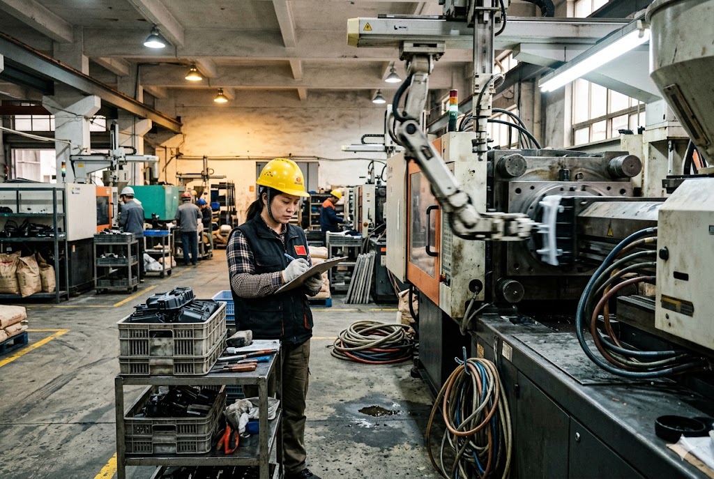 In-Process Quality Control Female quality inspector recording data on clipboard beside injection molding machine (ID#4)