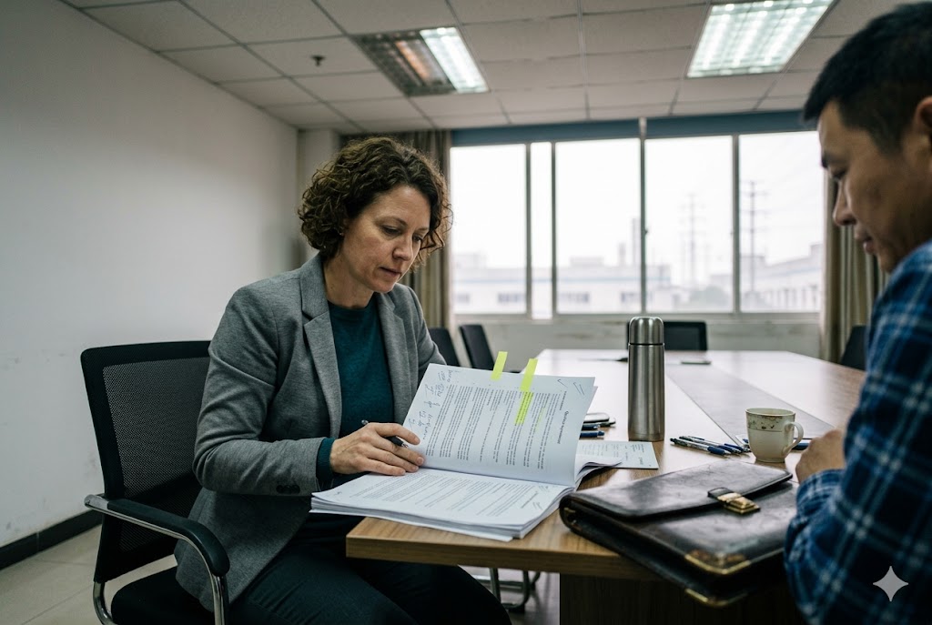 Supplier Contract Review US purchasing manager reviewing supplier contract for custom mechanical parts sourcing (ID#4)