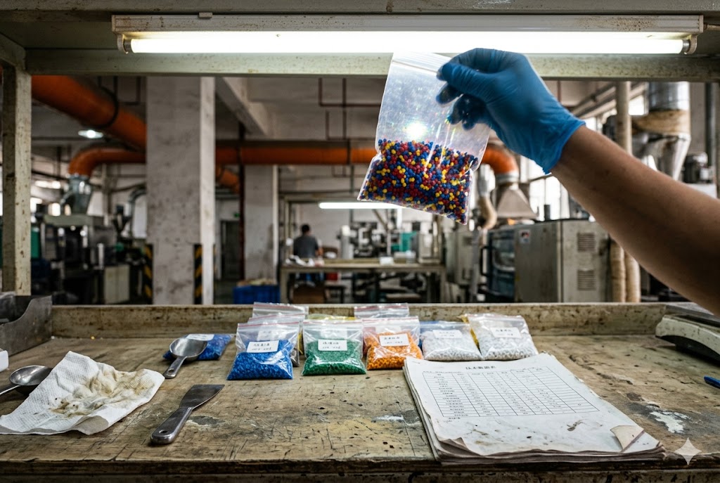 Factory Material Sample Check Factory technician inspecting colored plastic material samples for custom parts production (ID#4)