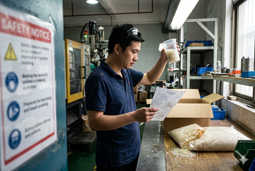 Supplier Material Verification Factory engineer inspecting plastic resin sample against material specification sheet (ID#4)