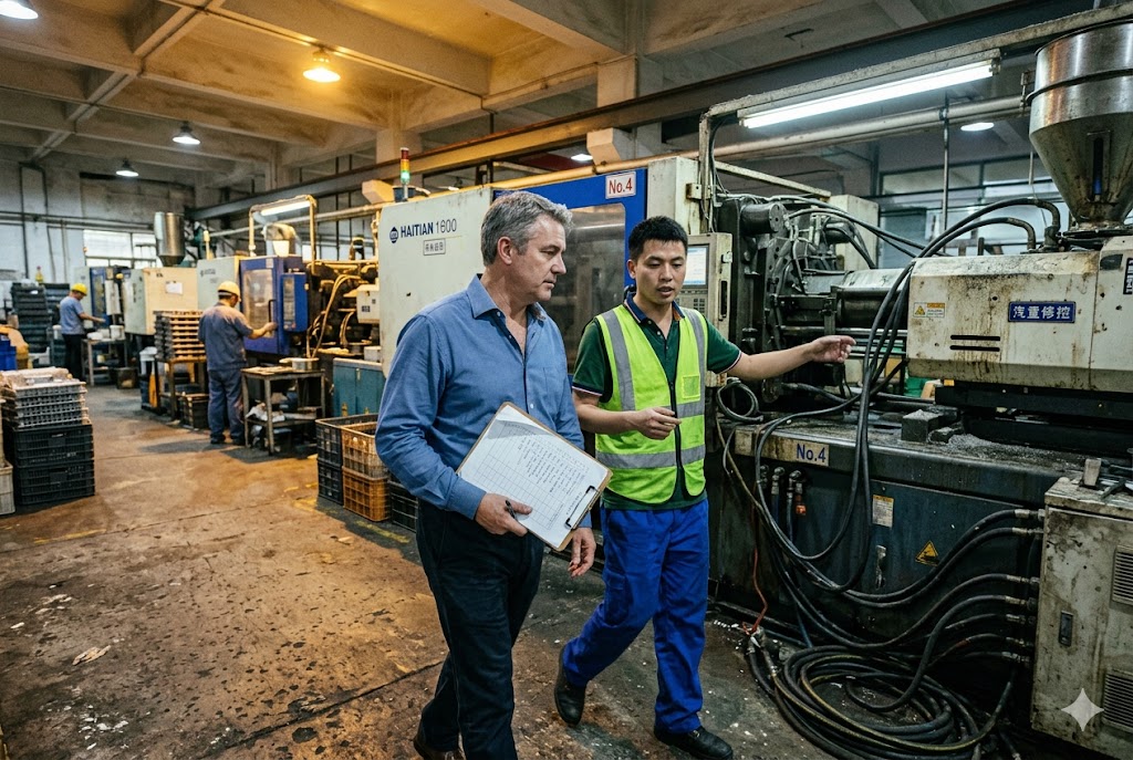 Factory Audit Visit Supplier factory audit: buyer and engineer inspecting injection molding machines together (ID#4)