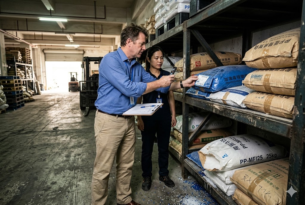 Factory Supplier Audit Supply chain auditors inspecting raw material inventory at China manufacturer warehouse (ID#4)