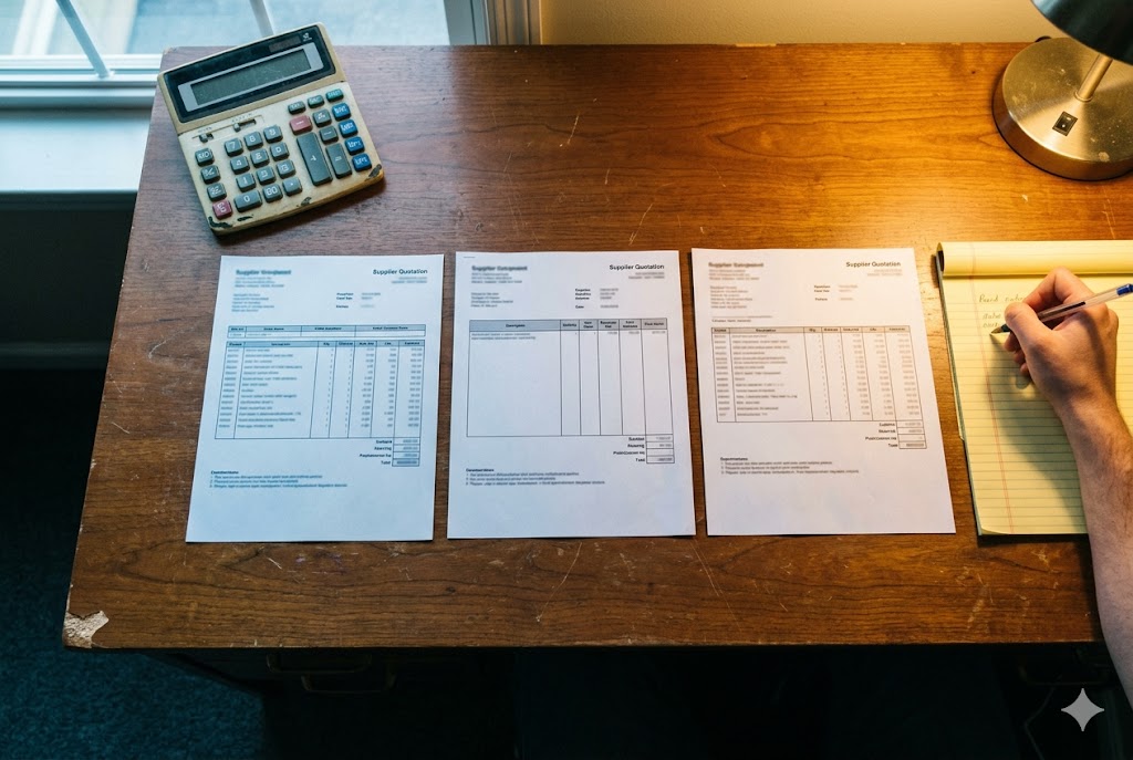Supplier Quote Comparison Three supplier quotations compared on desk with calculator for mechanical parts (ID#5)