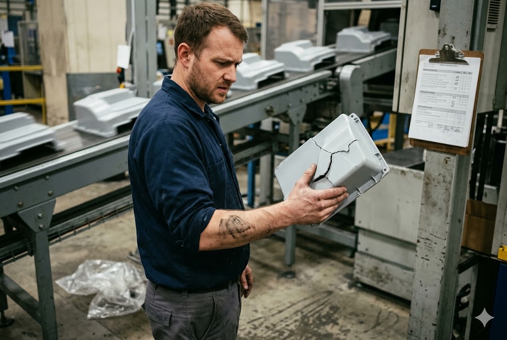 Defective Part Detected Factory worker discovering cracked defective custom mechanical part on production line (ID#5)