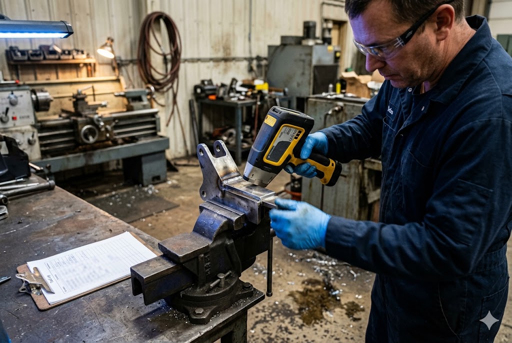 QC Technician Metal Inspection Quality control technician using XRF analyzer on custom machined metal part (ID#5)