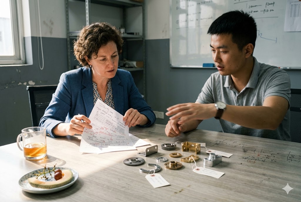China Supplier Factory Audit Purchasing manager and Chinese engineer reviewing custom mechanical parts samples (ID#5)