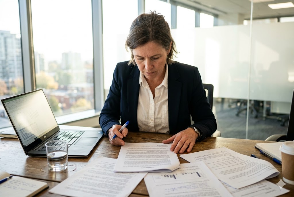 B2B Purchasing Manager Purchasing manager reviewing custom mechanical parts import contracts at office desk (ID#5)