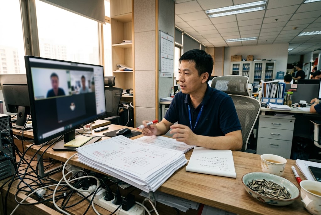 Global Supply Chain Management Supply chain manager reviewing mechanical drawings during international client video call (ID#5)