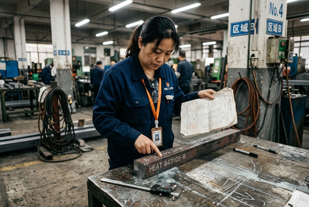 China Factory QC Inspection Chinese factory QC inspector verifying steel billet heat number against mill certificate (ID#5)