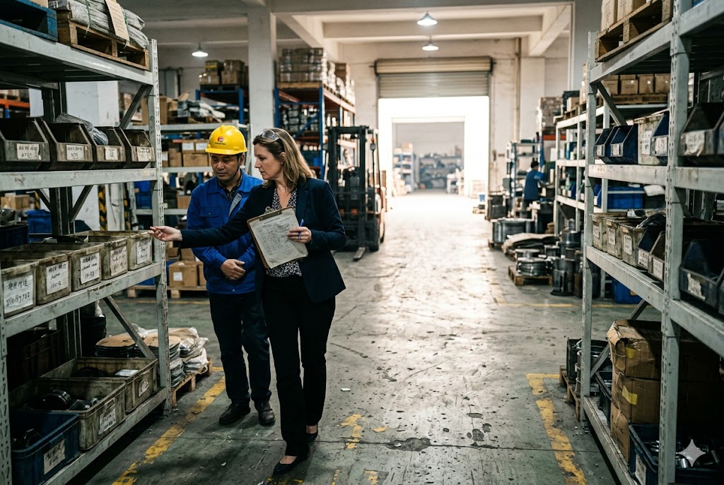 Factory Audit Visit Supplier audit team walking through China factory warehouse reviewing custom parts inventory (ID#5)