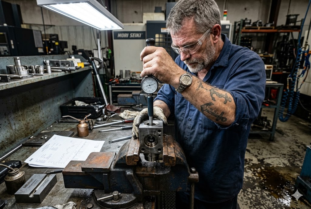 Precision Tolerance Quality Check Technician measuring machined part dimensional tolerance with dial indicator gauge (ID#5)