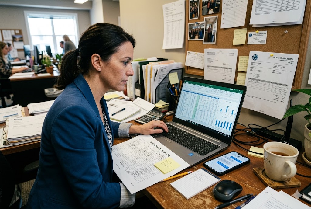 Purchasing Manager Supply Chain Purchasing manager analyzing import cost spreadsheet at trade office desk (ID#5)