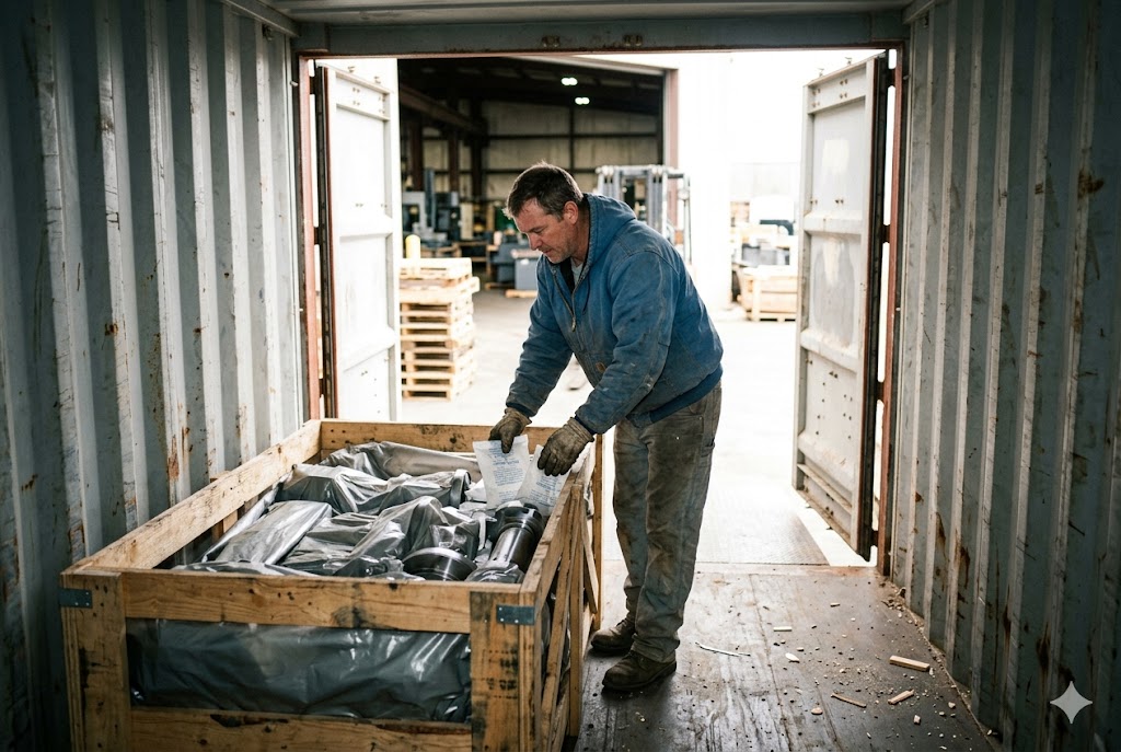 Export Packing Service Worker packing finished mechanical parts into wooden crate for export shipping (ID#5)