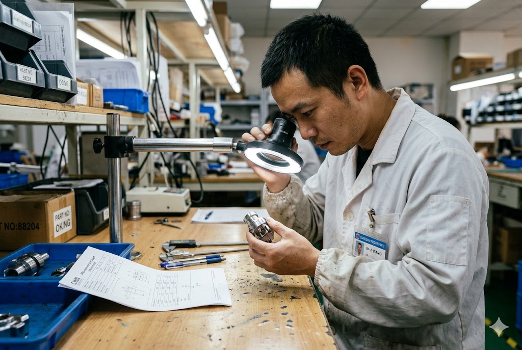 Custom Parts Quality Control QC inspector using magnifier to examine custom mechanical part against specification sheet (ID#5)