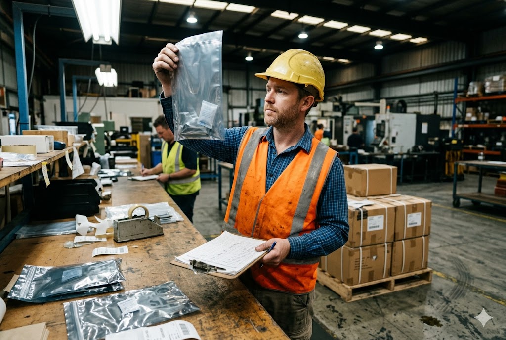 Pre-Shipment Quality Check Pre-shipment inspector examining packaged custom mechanical parts in warehouse (ID#5)