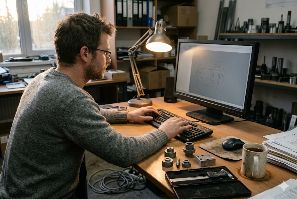 Custom Mechanical Part Design Engineer reviewing CAD drawing for custom mechanical part design (ID#5)