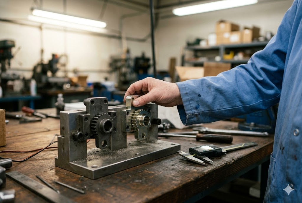 Custom Gear Assembly Inspection Worker measuring custom gearbox assembly with digital caliper tool (ID#5)