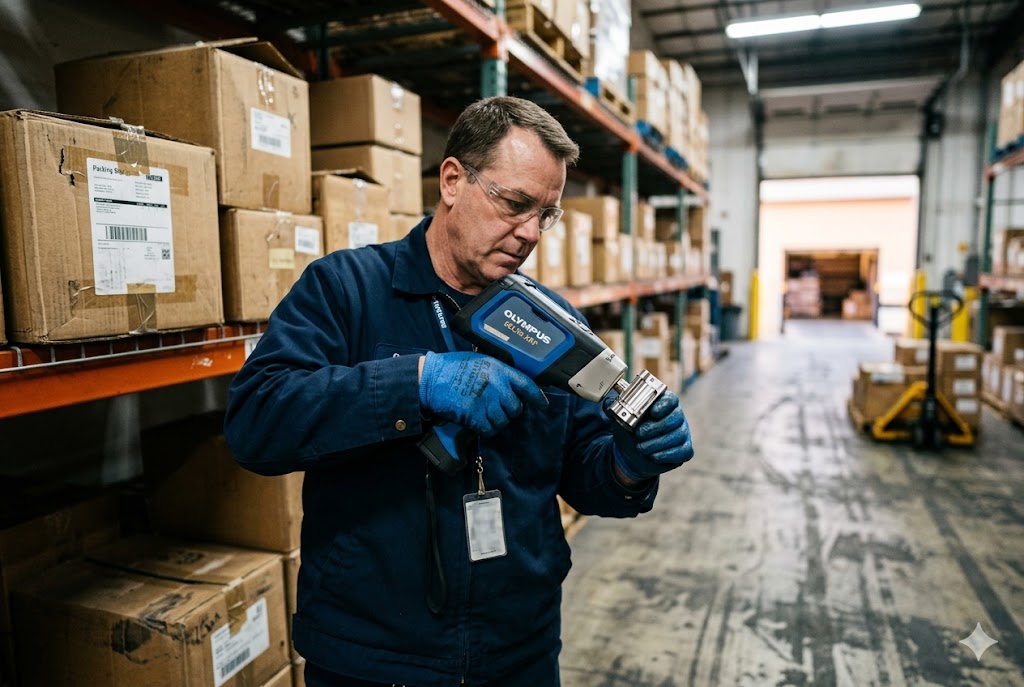 Parts Pre-Shipment Inspection Quality inspector scanning custom mechanical parts in export warehouse (ID#5)