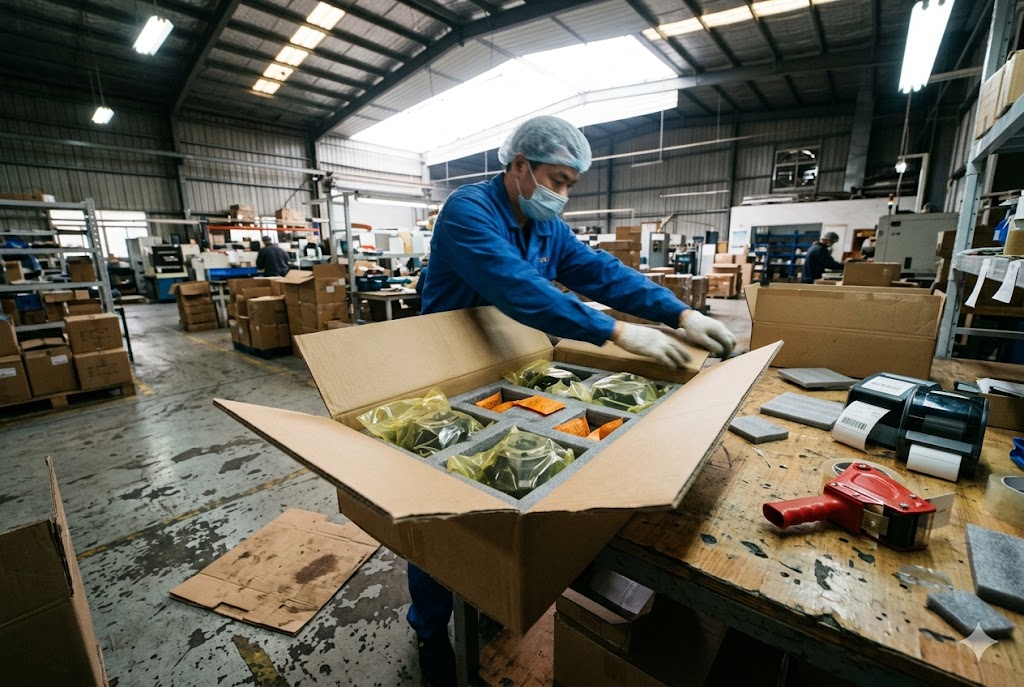 Secure Export Packaging Process Factory worker carefully packaging custom mechanical parts for international export shipment (ID#5)