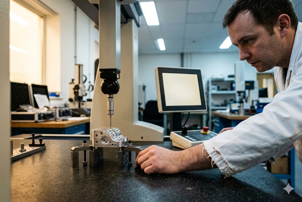 CMM Quality Control Inspection Technician using CMM to verify custom machined component tolerances (ID#5)