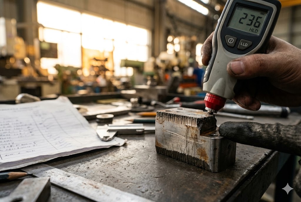 In-Process Hardness Testing Inspector using digital hardness tester on metal workpiece (ID#5)