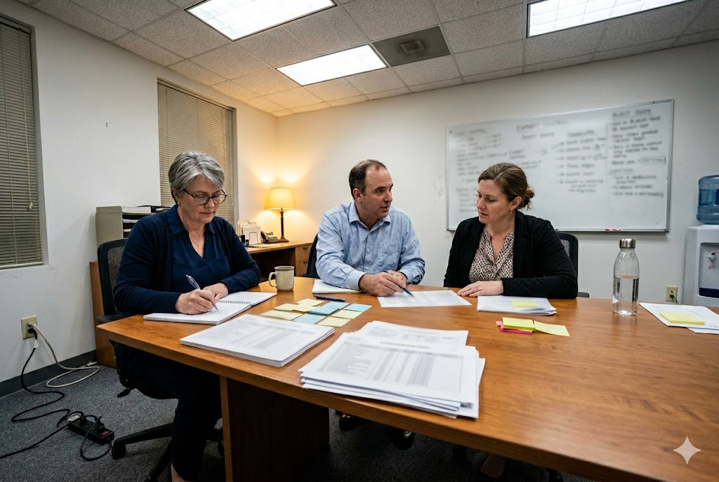 Supply Chain Team Meeting B2B procurement team reviewing custom mechanical parts supply chain project management documents (ID#5)