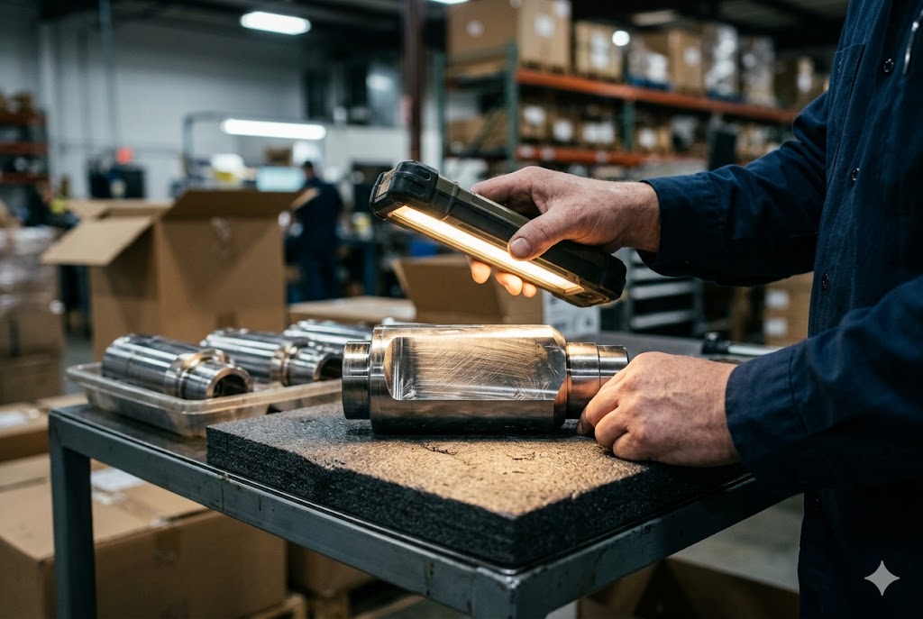 Pre-Shipment Parts Inspection Inspector examining polished custom machined metal shaft during pre-shipment inspection (ID#5)