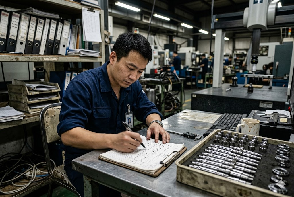 Factory QC Inspection Log Quality control inspector recording machined shaft measurements in factory (ID#5)