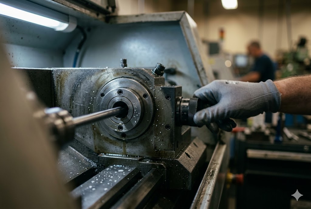CNC Lathe Spindle Adjustment Worker adjusting CNC lathe spindle during custom parts manufacturing process (ID#5)
