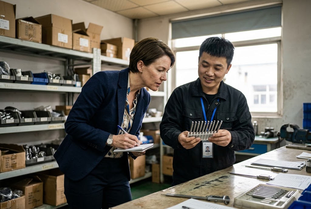 Supplier Factory Audit Visit Purchasing manager reviewing custom mechanical parts at supplier factory (ID#5)