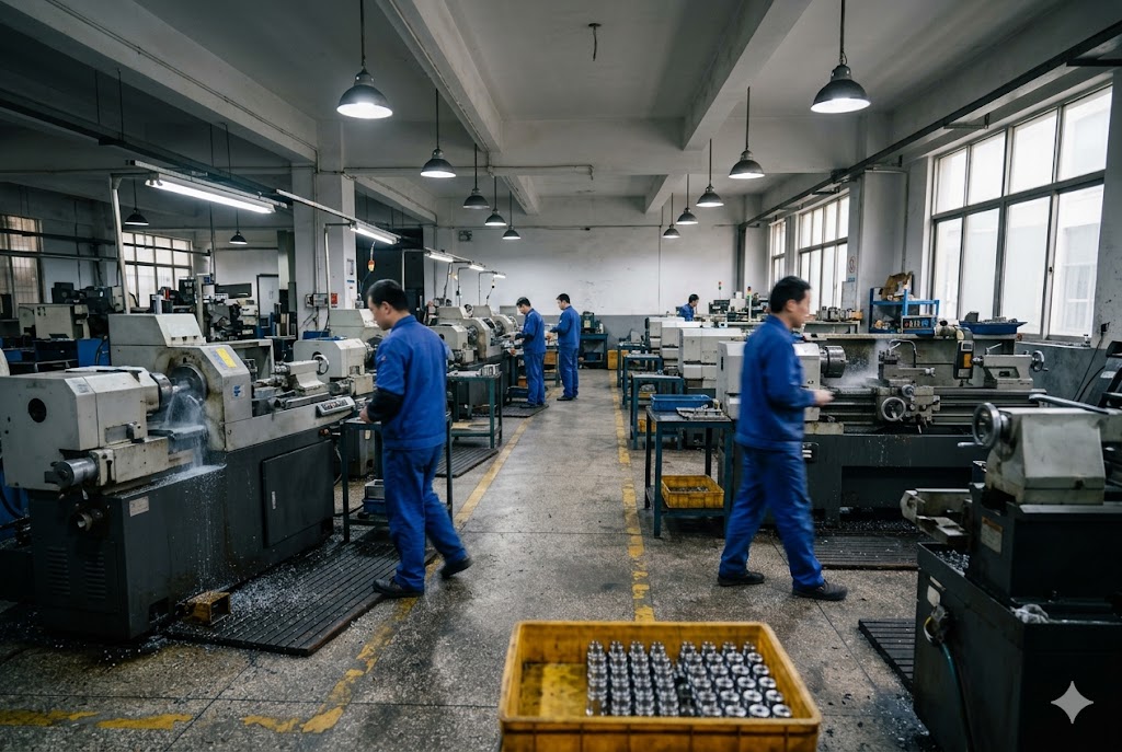 China CNC Machining Workshop Workers operating multiple CNC lathes large custom mechanical parts workshop (ID#5)