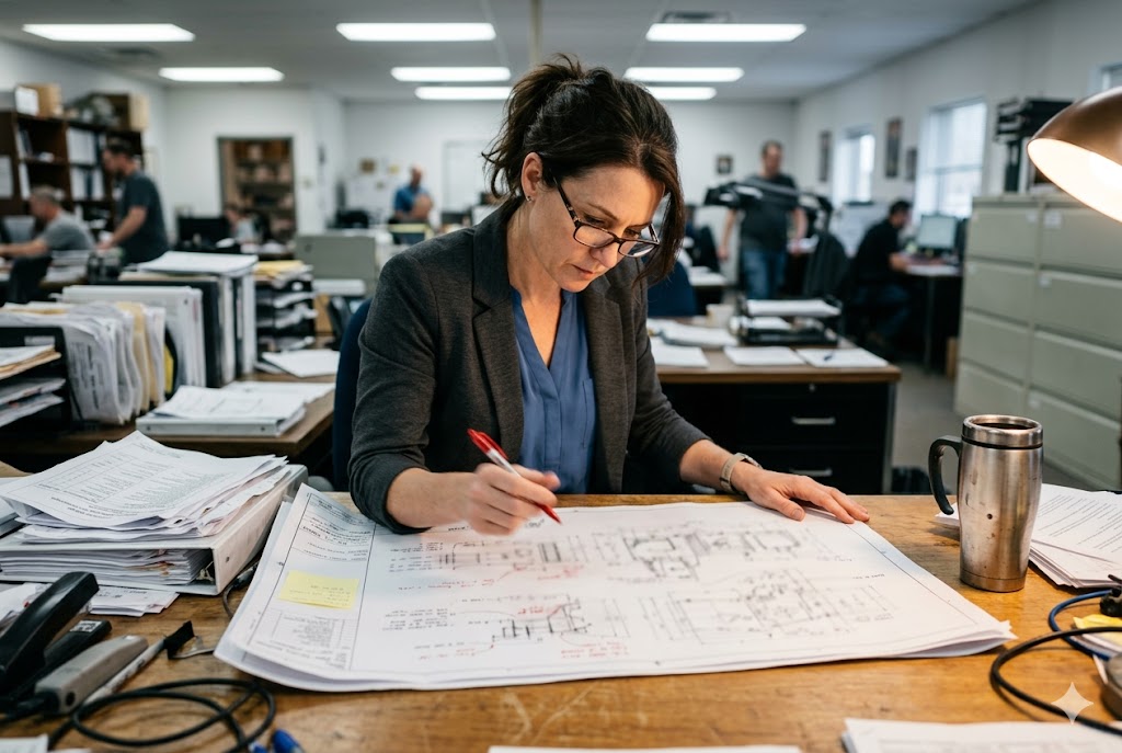 Reviewing Parts Drawings Female purchasing manager reviewing engineering drawings for custom mechanical parts order (ID#5)